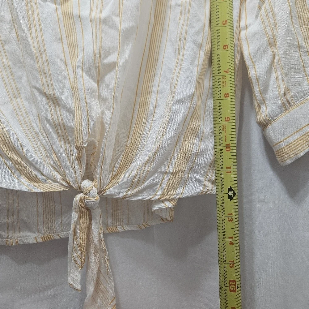 Blue Rain Women's Top White Yellow Striped 3/4 Sleeve Tie-Front Blouse!